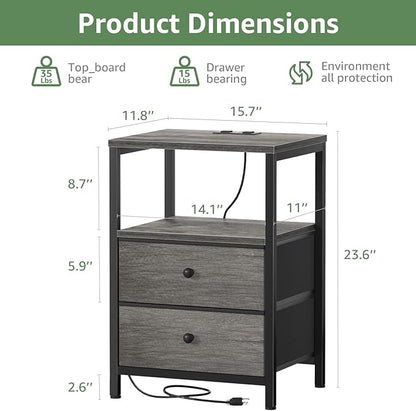 BOLUO Gray Nightstand with Charging Station, LED Night Stand with 2 Fabric Drawers, Bedside Table with USB Ports and Outlets, Nightstand for Bedroom Modern