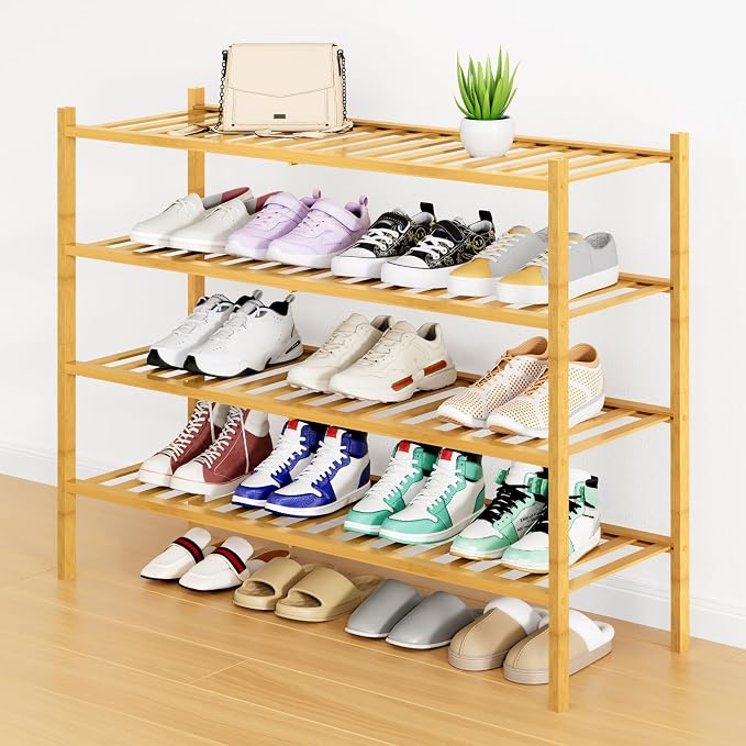Smiry Long Bamboo Shoe Rack, 4 Tier Free Standing Wooden Shoe Organizer, Stackable Wood Shoe Storage Shelf for Closet, Entryway, 12 Vertical Slats, 2+2 Stack Standard Legs, 33.7"x11"x26", Natural