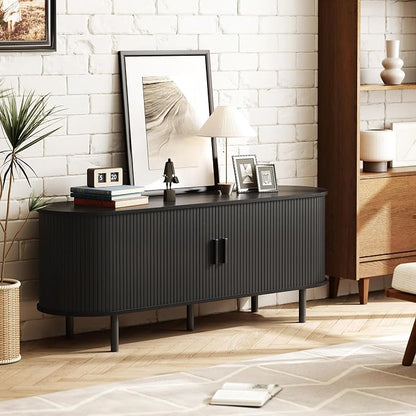 ONBRILL 55" TV Stand with Power Outlet for TVs up to 60 Inch, Entertainment Center with Storage and Adjustable Shelves, Modern Media Console with Sliding Doors for Living Room, Black