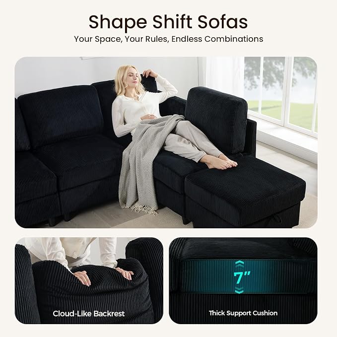 KKL Sleeper Sofa Couch - 4 Seater L Shape Modular Sectional Sofa Bed with Storage Ottoman, Convertible L/U-Shaped Sleeper Couch for Living Room, Modern Reversible Design