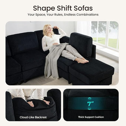 KKL 6 Seater 108‘’ Sofa Bed with Storage Ottoman - Convertible L/U-Shaped Sleeper Couch for Living Room, Modular Sectional Sofa Couch, Modern Reversible Design (Black,6 Seater U Shape)