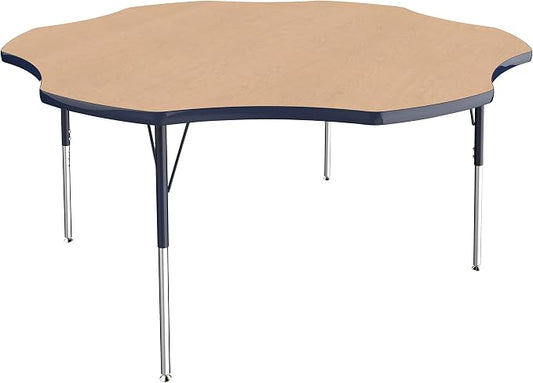 FDP Flower Activity School and Office Table (60 inch), Standard Legs with Swivel Glides for Collaborative Seating Environments, Adjustable Height 19-30 inches - Maple Top and Navy Edge