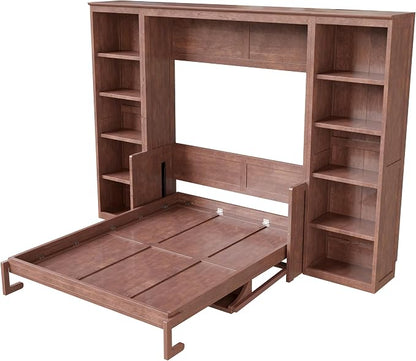 MERITLINE Full Murphy Bed with Desk and Storage Shelves, Solid Wood Vertical Murphy Wall Bed Cabinet with Storage Bookshelves Bookcase for Living Room, Guest Room (Full,Dark Brown)