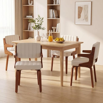 Dining Chairs Set of 4 with Hanging Armrest Beige | Set of 4 with hanging armrests for compact storage. Walnut frame with warm beige faux leather upholstery