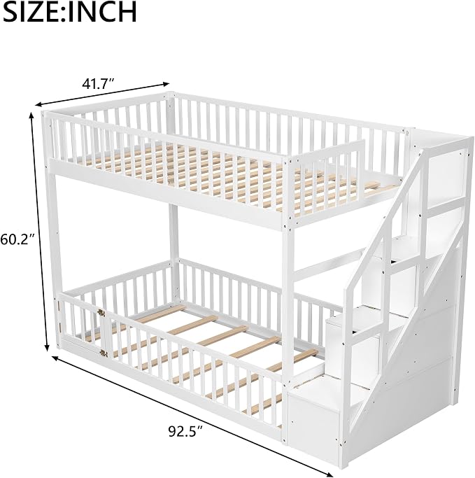 Twin Over Twin Floor Bunk Bed with Storage Ladder and Guardrails,for Kids Teens Adults (White#Ladder, Twin Over Twin)