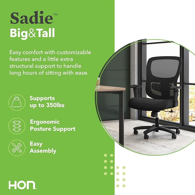 HON Sadie Big and Tall Ergonomic Office Chair with Mesh Back, Adjustable Lumbar Support and Arms, High Back Desk and Computer Chair for Home Office or Workstation, 350 lb. Weight Capacity, Black