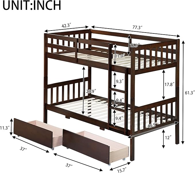 Harper & Bright Designs Twin Over Twin Bunk Bed with 2 Drawers, Convertible into 2 Twin Beds, Twin Bunk Bed with Ladder and Safety Guardrails, Espresso