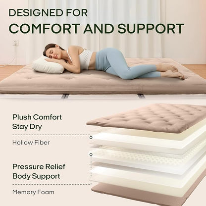 ZonLi Japanese Floor Futon Mattress Full Size 75"x 54", 100% Cotton Cover 4'' Thicken Tatami Mattress, Foldable Sleeping Pad, Portable Dormitory Tatami Mat, Roll Up Floor Lounger Bed for Adult (Khaki)