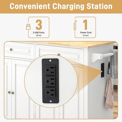Hlivelood 55" Movable Kitchen Island with Drop Leaf and Power Outlet, Rolling Island Cart w/Storage Cabinet, Island Table on Wheels for Kitchen w/2 Drawers, Spice Rack, Towel Bar, Garage Hook, White