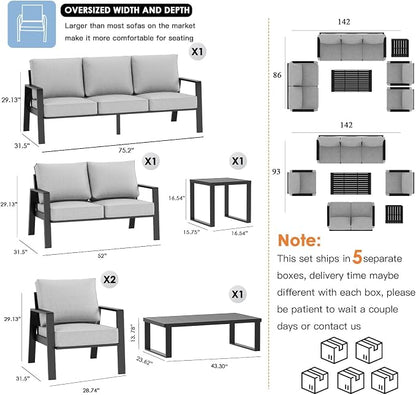 Aluminum Outdoor Loveseat, Oversized Patio Couch, Modern Sofa All Weather Metal Furniture Set with 5" Cushions (Black/Light Grey)