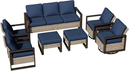 Joyside Outdoor Patio Chairs, 8 Pieces Wicker Rattan Furniture Set, 4 Patio Chairs, 1 Sofa, 2 Ottoman and 1 Table, Metal Wide Armrest, Thick Cushions and Deep Seating for Garden, Backyard, Porch