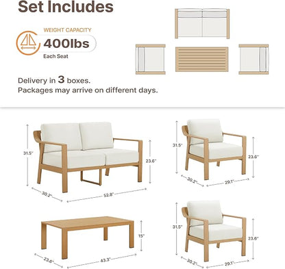 KISLOT Aluminum Outdoor Patio Furniture Set with Coffee Table,4 Seater Patio Conversation Sets with Washable Thick Cushions,Outdoor Sectional Furniture Set for Poolside, Balcony,Wood-Grain Frame