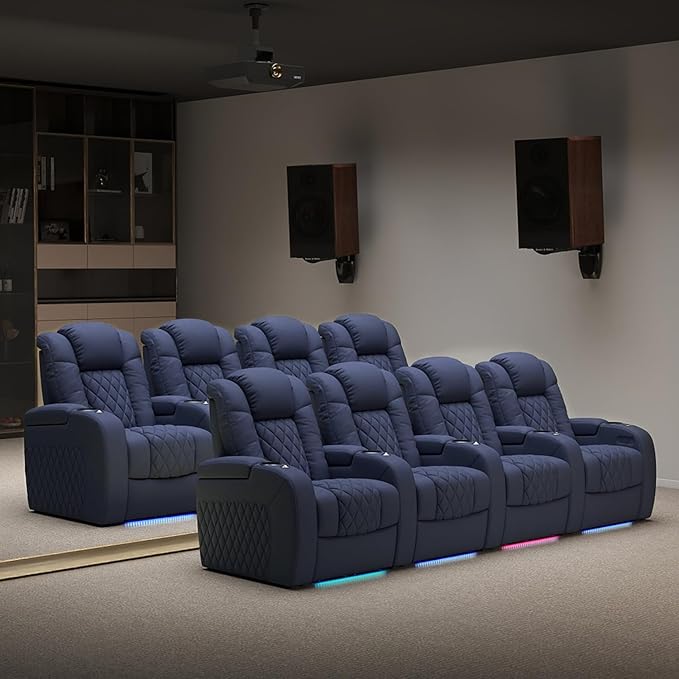 Weilianda Home Theater Seating Top Grain Leather Zero Gravity Recliner Chair Power Headrest Recline Movie Seat Gaming 7 Colors Mood Light Sofa with Tray Table USB Charge Row of 1 Blue