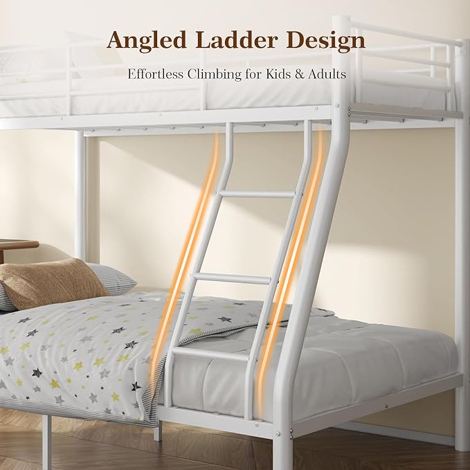 Metal Twin Over Full Bunk Bed丨 Bunk Beds Twin Over Full Size with Ladder | Heavy Duty Bunk Bed for Adults, Metal Bunk Bed for Dorm, Bedroom, Apartment, 440 lbs Capacity,No Box Spring Needed (White)