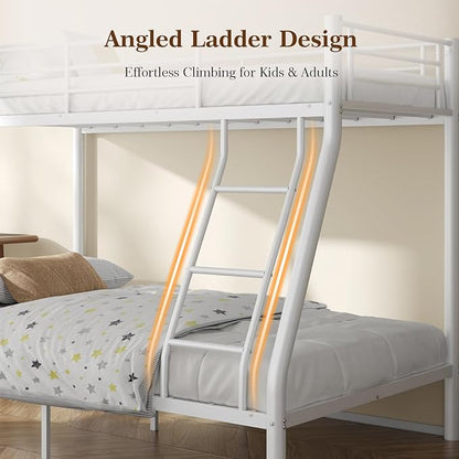 Metal Twin Over Full Bunk Bed丨 Bunk Beds Twin Over Full Size with Ladder | Heavy Duty Bunk Bed for Adults, Metal Bunk Bed for Dorm, Bedroom, Apartment, 440 lbs Capacity,No Box Spring Needed (White)