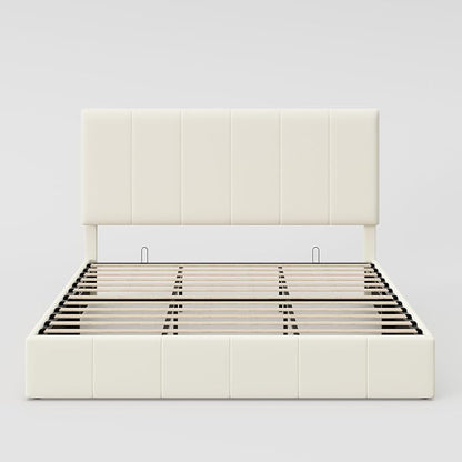 Allewie King Size Velvet Lift Up Storage Bed Frame, Vertical Channel Tufted Headboard, Hydrualic Underneath Storage, Upholstered Platform Bed, Wooden Slats Support, No Box Spring Needed, Cream