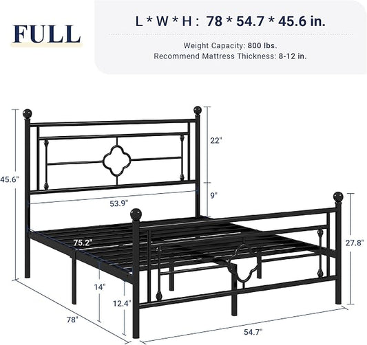 Allewie Full Size Metal Platform Bed Frame with Victorian Vintage Headboard and Footboard/Mattress Foundation/Under Bed Storage/No Box Spring Needed/Noise-Free/Easy Assembly, Black