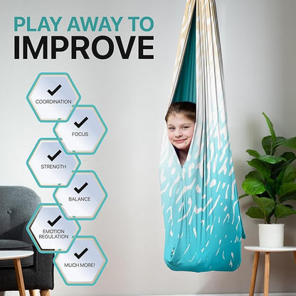 Indoor Sensory Swing for Kids or Outdoor – Holds 300lbs, Double-Layer, & 360° Swivel, Calming Compression Therapy Swing Hammock for Kids & Adults with All Hardware – Sensory-Motor Toys & Gifts