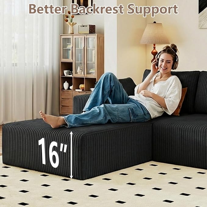 95" Cloud Sectional Couch U-Shaped Chaise with Ottoman, Corduroy Boneless Couch for Living Room Bedroom, Deep-Seat Upholstered Modular Cloud Sofa, No Assembly Required (Black, Left Facing Chaise)