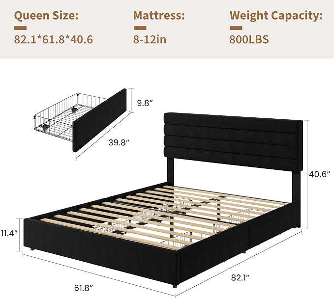 Garvee Queen Size Bed Frame, Velvet Upholstered Platform Storage Bed with 4 Drawers, Wooden Slats Support, No Box Spring Needed, Easy Assembly, Black