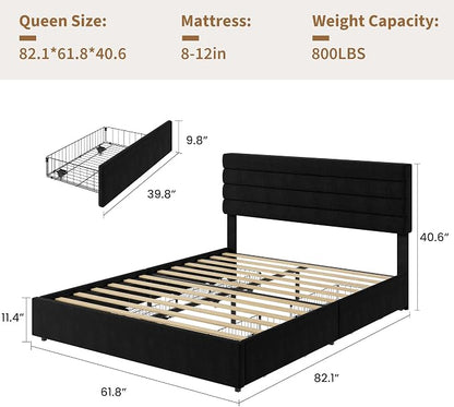 Garvee Queen Size Bed Frame, Velvet Upholstered Platform Storage Bed with 4 Drawers, Wooden Slats Support, No Box Spring Needed, Easy Assembly, Black