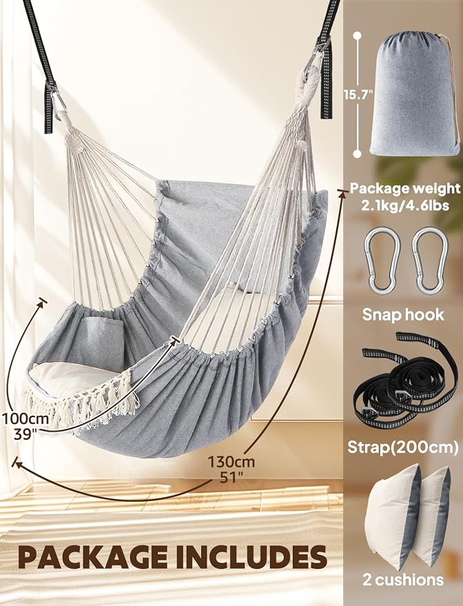 Chihee Hammock Chair Hanging Swing 2 Pillows Included,Strong Webbing Straps and Hooks for Easy Hanging Soft Cotton Hanging Chair Side Pocket Tassel Chair Comfort Indoor Outdoor Light Grey