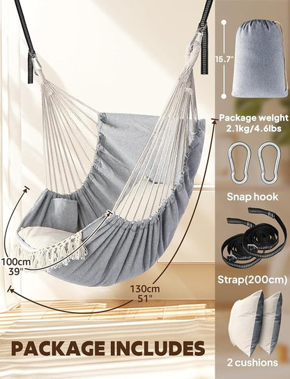 Chihee Hammock Chair Hanging Swing 2 Pillows Included,Strong Webbing Straps and Hooks for Easy Hanging Soft Cotton Hanging Chair Side Pocket Tassel Chair Comfort Indoor Outdoor Light Grey