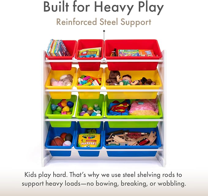 Humble Crew Toy Storage Organizer with 12 Removable Storage Bins for Kids Playroom, 4-Tier Toddler Toy Organization, White/Primary