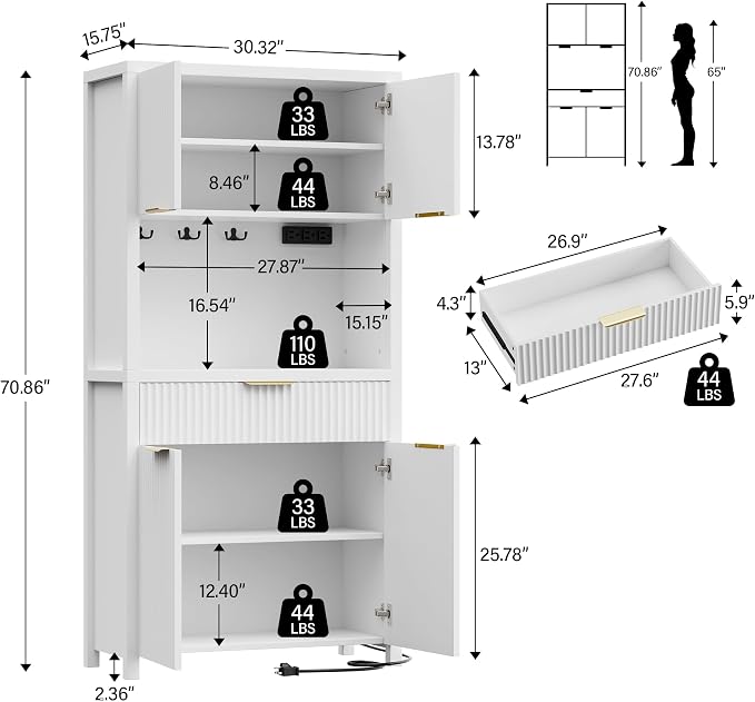 Lulive White Fluted Pantry Cabinet with Charging Station, Adjustable Shelves, Spacious Kitchen Storage Organizer with Open Countertop, Kitchen Hutch with Storage Drawers for Dining & Living Room | Adjustable Shelves, Open Countertop, Drawer, Spacious K...