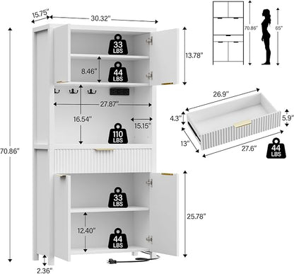 Lulive White Fluted Pantry Cabinet with Charging Station, Adjustable Shelves, Spacious Kitchen Storage Organizer with Open Countertop, Kitchen Hutch with Storage Drawers for Dining & Living Room | Adjustable Shelves, Open Countertop, Drawer, Spacious K...
