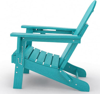 Garvee Folding Adirondack Chair Set of 2, HDPE Outdoor Patio Chair with Cup Holder, All Weather Resistent Wooden Textured for patios, Decks, Gardens, fire Pit, Lake Blue