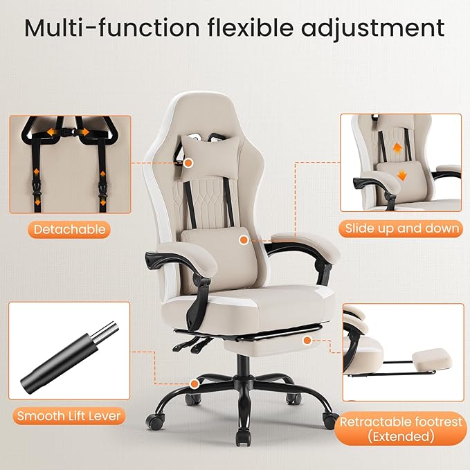 DUMOS Gaming Chair with Linkage Armrests, Video Game Chairs with Pocket Spring Cushion, Ergonomic Computer Silla Gamer Office Desk Chair with Footrest for Adults & Students, Light Brown