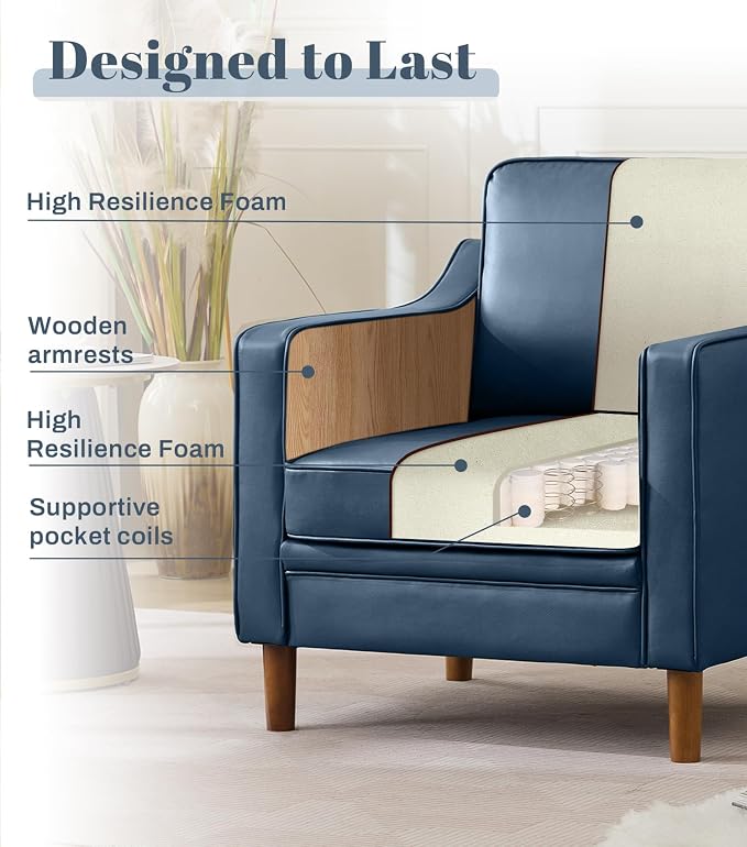 Kingfun Accent Chair Set of 2, Living Room Chairs, Faux Leather Reading Armchair, Mid Century with Solid Wood Foot, Upholstered Modern Decor for Bedroom, Apartment