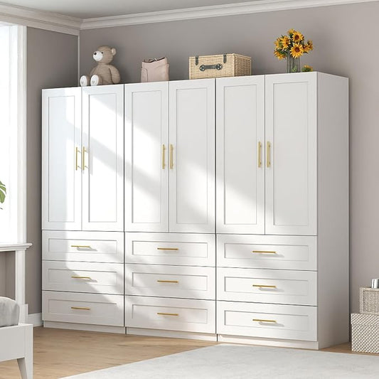 White Wardrobe with 6 Doors: 75" Tall Armoire Wardrobe Closet with 9 Drawers, Bedroom Closet Cabinet for Hanging Clothes, Wooden Storage Armoire with Shelves (Modern, 3)
