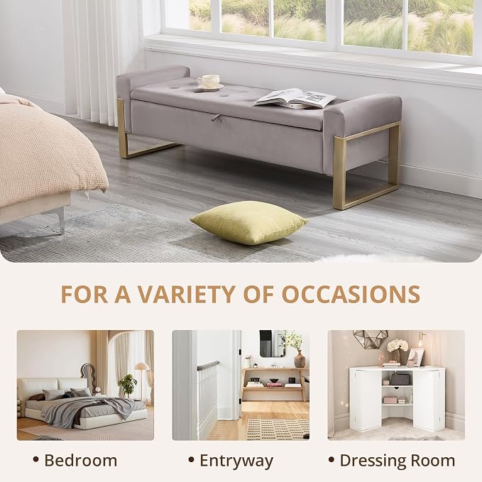 End of Bed Storage Bench, 67'' Benches for Bedroom Foot of Bed King Size, Upholstered Velvet Storage Ottoman Bench with Gold Legs for Window Living Room Entryway, Khaki Grey