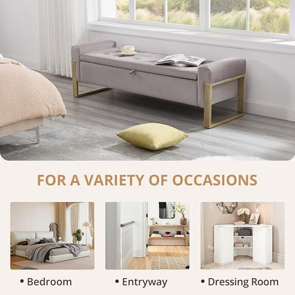 End of Bed Storage Bench, 67'' Benches for Bedroom Foot of Bed King Size, Upholstered Velvet Storage Ottoman Bench with Gold Legs for Window Living Room Entryway, Khaki Grey