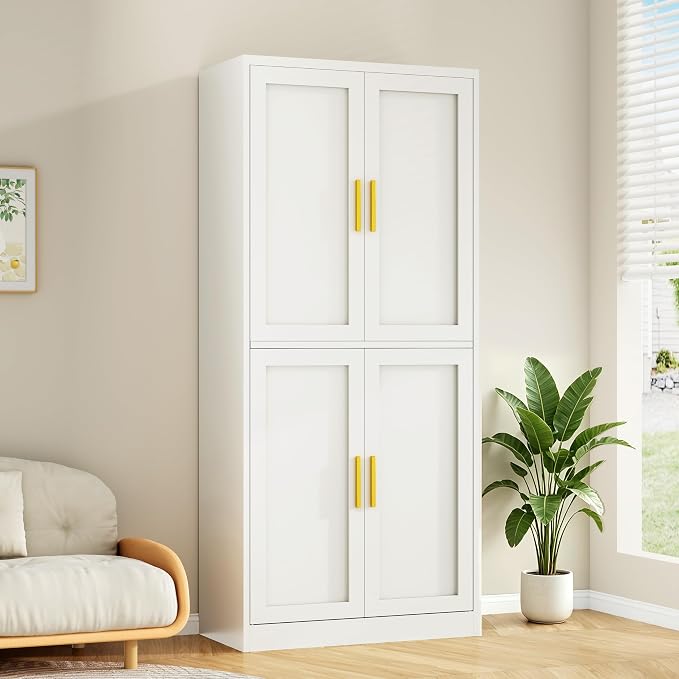 Wanfu 71" Tall Pantry Cabinet, Metal Kitchen Pantry Cabinet with 4 Doors and 4 Adjustable Shelves, Kitchen Pantry Storage Cabinets, Metal Storage Cabinet for Kitchen, Dining Room, Living Room-White