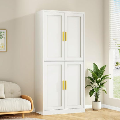 Wanfu 71" Tall Pantry Cabinet, Metal Kitchen Pantry Cabinet with 4 Doors and 4 Adjustable Shelves, Kitchen Pantry Storage Cabinets, Metal Storage Cabinet for Kitchen, Dining Room, Living Room-White