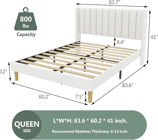 alazyhome Platform Bed Frame Queen Size with Upholstered Headboard, Solid Wood Slats Support, No Box Spring Needed, Noise Free, Easy Assembly, Modern Fabric Bed, White