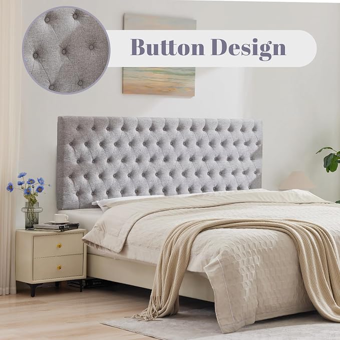 Upholstered King Headboard Only, Premium Linen Button Tufted Headboards, Adjustable Solid Wood Head Board, Padded Headboard with Solid Wood Legs in Bedroom (Grey)
