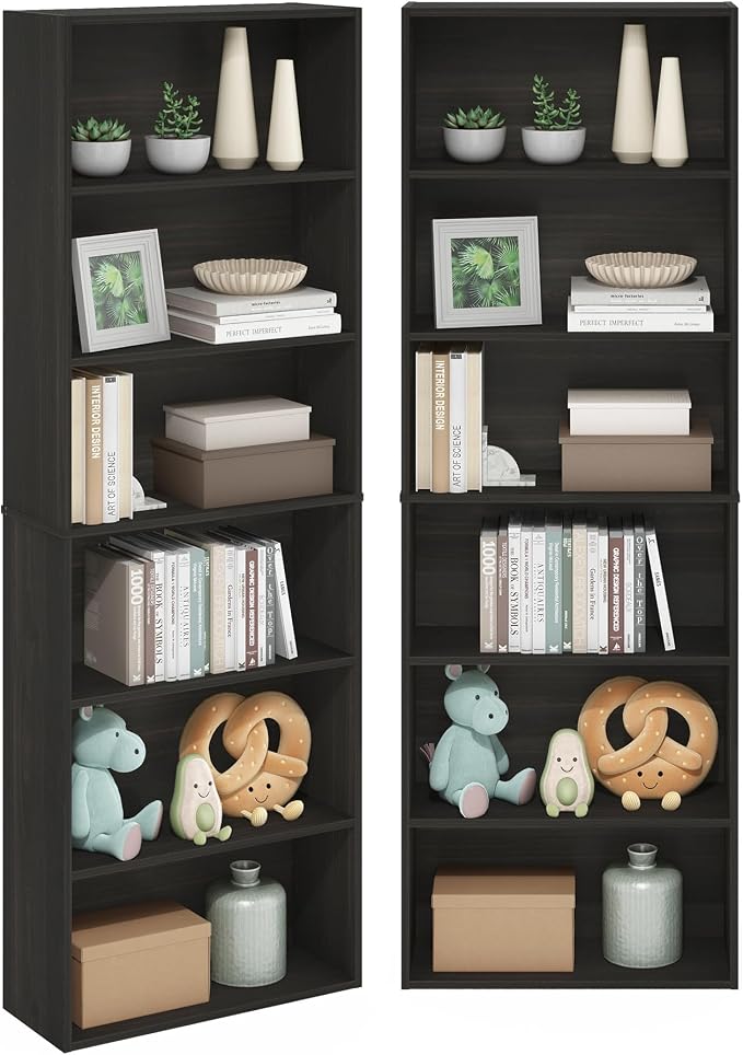 Furinno Jaya Book Shelf Set of 2, 6-Tier Bookshelf, Bookcase, 9.5 x 24.6 x 71, for Home Office, Living Room, Espresso