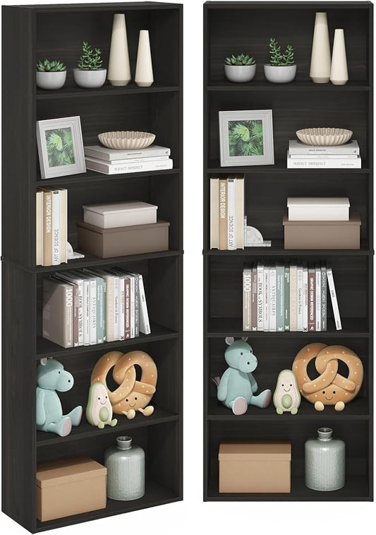 Furinno Jaya Book Shelf Set of 2, 6-Tier Bookshelf, Bookcase, 9.5 x 24.6 x 71, for Home Office, Living Room, Espresso
