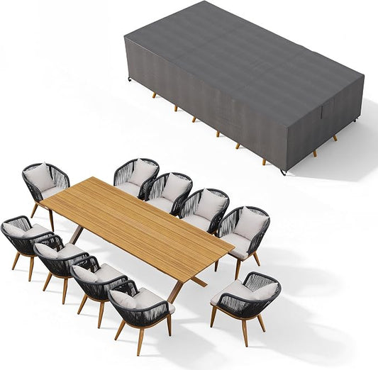 PURPLE LEAF 11 Pieces Patio Dining Set with Waterproof Furniture Cover Rectangular Table and Chairs Set for Garden Deck Aluminum Frame Backyard Kitchen Set, Cushions and Pillows Included Teak
