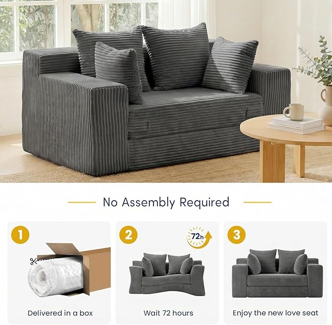 cidludto Boneless Couch Loveseat Sleeper, Convertible Sofa Bed Folding Couch Bed Foldable, 2 in 1 Boneless Chair Bed & Futon Sofa Bed, Small Pull Out Sofa with 4 Pillows for Living Room, Grey