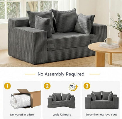 cidludto Boneless Couch Loveseat Sleeper, Convertible Sofa Bed Folding Couch Bed Foldable, 2 in 1 Boneless Chair Bed & Futon Sofa Bed, Small Pull Out Sofa with 4 Pillows for Living Room, Grey