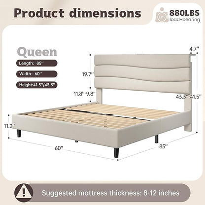 EnHomee Queen Bed Frame with Upholstered Headboard,Adjustable Height,Charging Station, Noise-Free, No Box Spring Needed, Easy Assembly,Beige