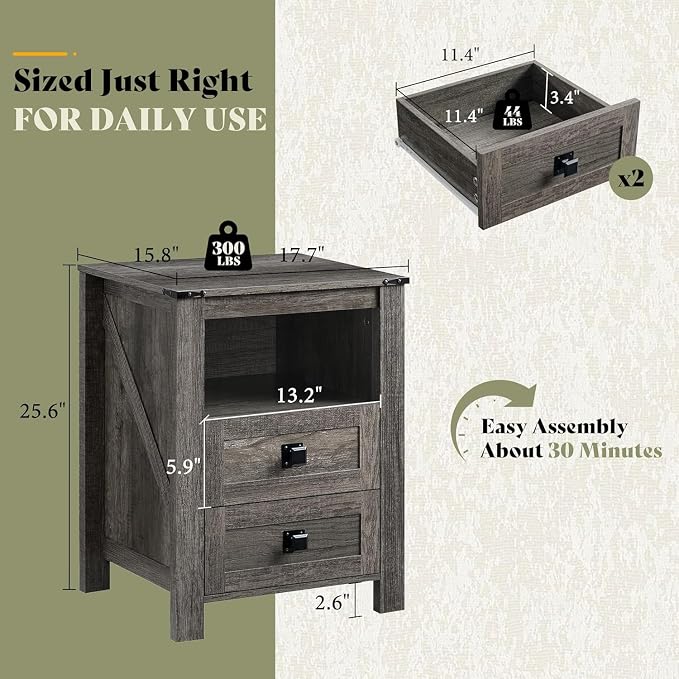 AMERLIFE 3-Piece Farmhouse Furniture Set with Sideboard Cabinet and 2 Nightstands, Sliding Barn Door Wood Storage Cabinet Set for Bedroom, Black Oak