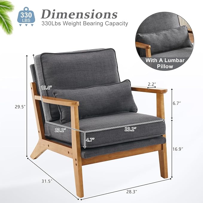 VINGLI Solid Wood Wide Armrests Accent Chair Set of 2,Upholstered Mid Century Modern Chair with Pillow,Farmhouse Arm Chair Comfy Reading Chair,Chairs Living Room,Bedroom,Guest Room,Linen Fabric,Grey