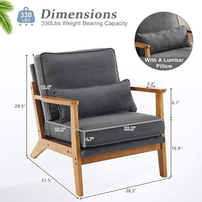 VINGLI Solid Wood Wide Armrests Accent Chair Set of 2,Upholstered Mid Century Modern Chair with Pillow,Farmhouse Arm Chair Comfy Reading Chair,Chairs Living Room,Bedroom,Guest Room,Linen Fabric,Grey