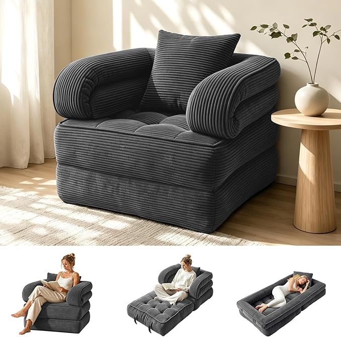 Folding Sofa Bed, Convertible Sleeper Chair with Armrests for Adults, Foldable Corduroy Boneless Bed, 3-in-1 Portable Futon Couch Floor Sofa with Pillow for Bedroom, Living Room, Dark Gray